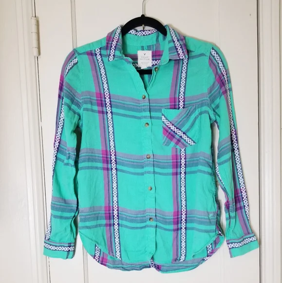 American Eagle Outfitters | Tops | American Eagle Outfitters Vintage  Boyfriend Green Purple Plaid Cotton Top S | Poshmark